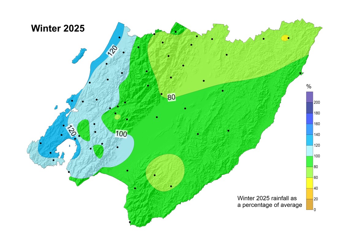 Map of the Wellington Region in Winter 2025 showing: Winter rainfall anomalies show above average rainfall west of the ranges, and below average east of the ranges. A residual La Niña flow was still felt at times, until a fiercer westerly flow took over as the main circulation feature into September.