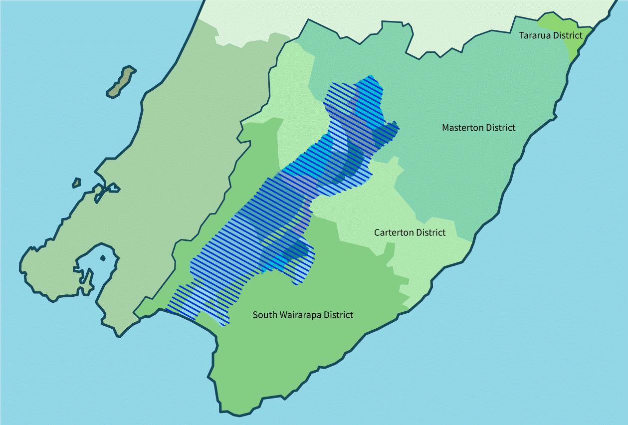 Simple map of the Ruamāhanga Valley with blue stripes highlighting the area we'll fly over