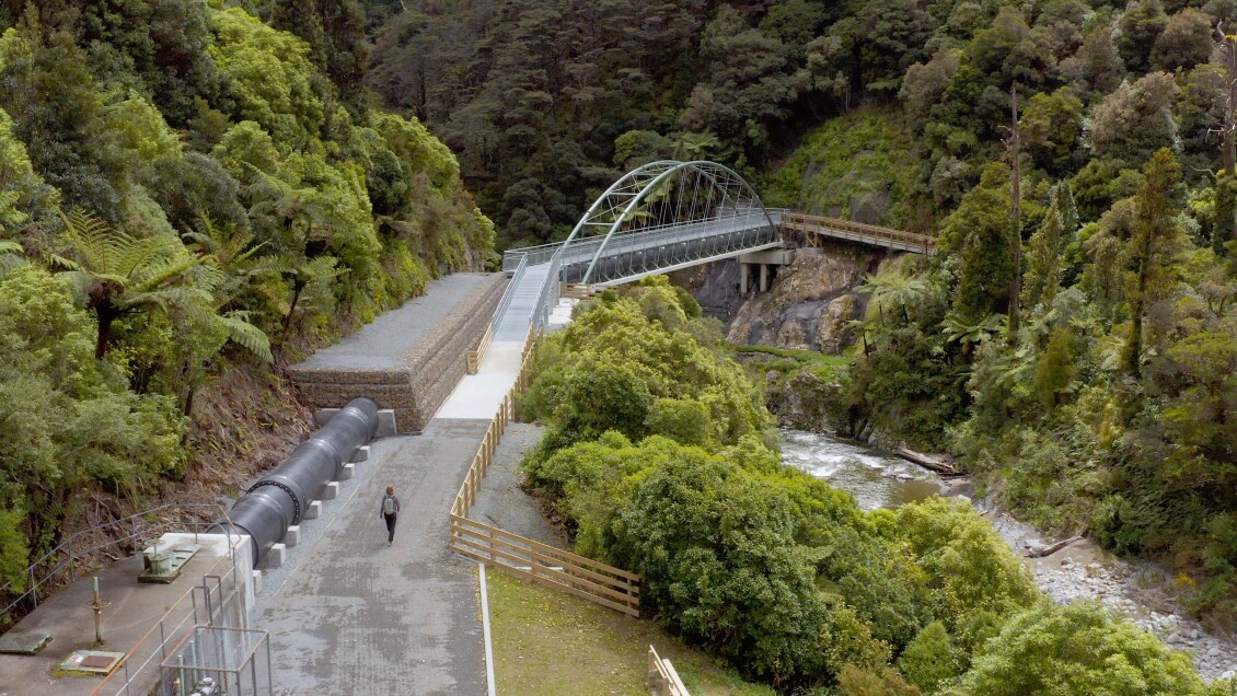 A drone image of the Kaitoke Pipe Bridge