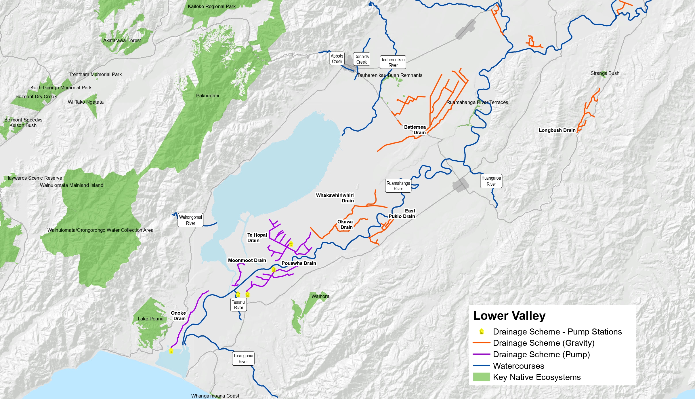 Map showing the gravity drains in the Lower Valley