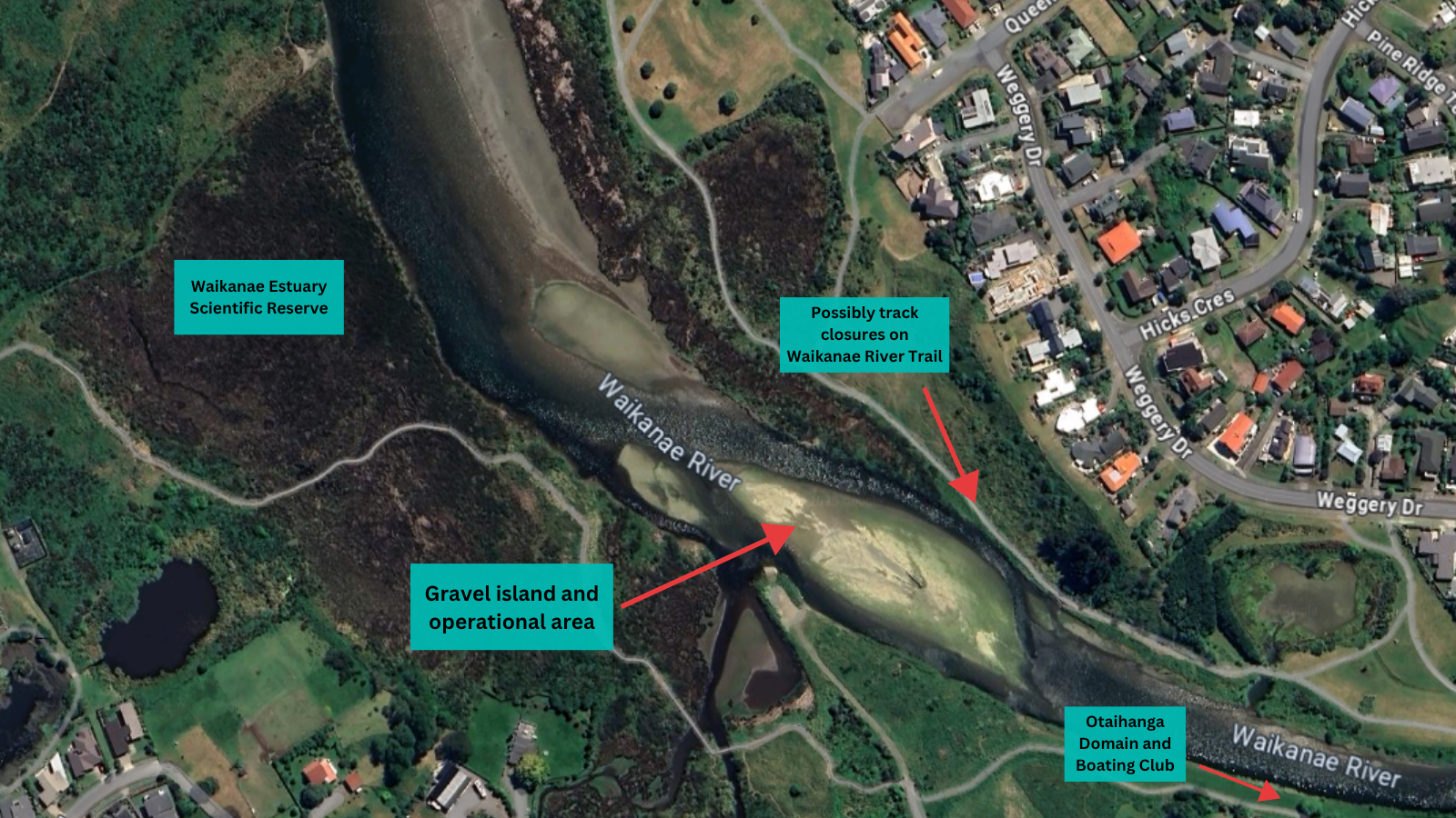Map showing where the gravel works will be, and where the possible track closures on the Waikanae River Trail could be