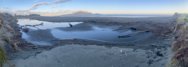 View of Waimeha Stream’s position on Waikanae Beach, seen from the dune near Field Way and facing west toward the sea, with Kāpiti Island visible on the horizon.