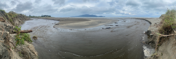 View of Waimeha Stream’s position on Waikanae Beach, seen from the dune near Field Way and facing west toward the sea, with Kāpiti Island visible on the horizon.
