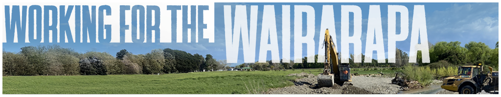 A banner showing a landscape with construction vehicles on a riverbank and the words "Working for the Wairarapa"
