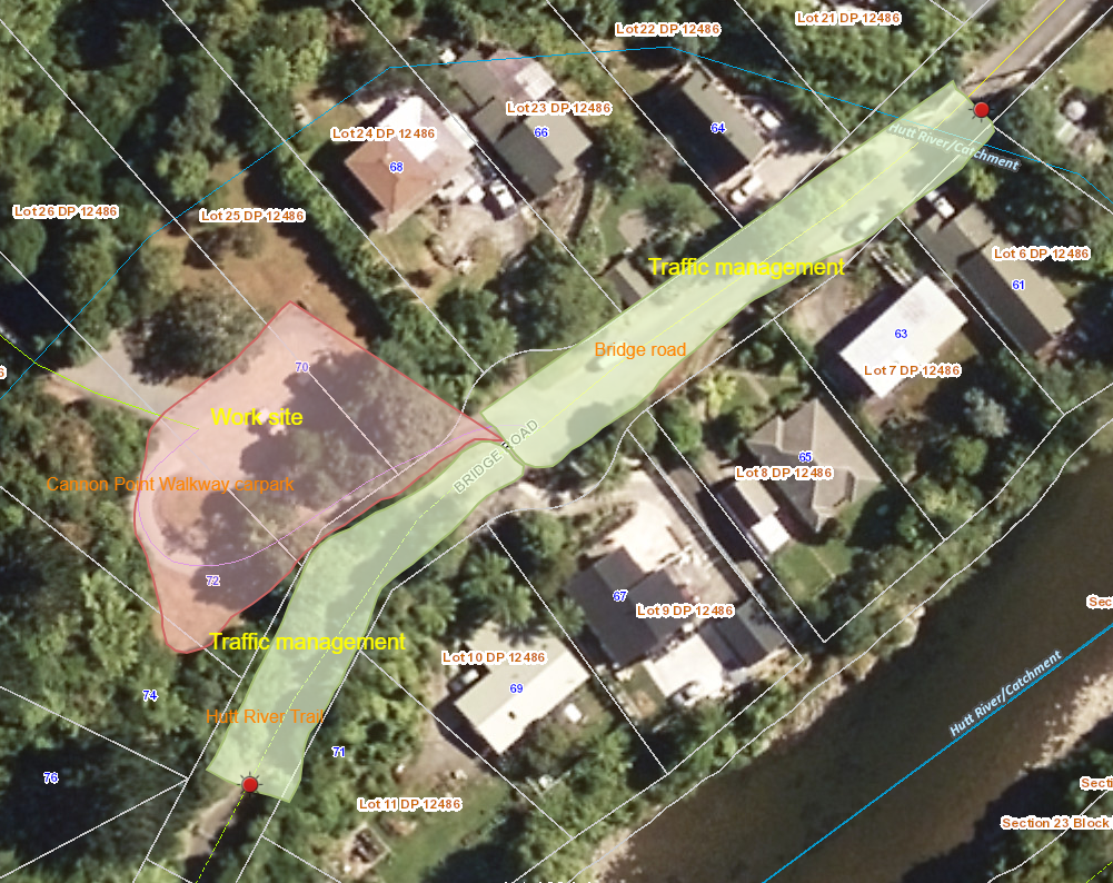 Map showing the worksite at the Bridge Road carpark in Akatarawa Forest