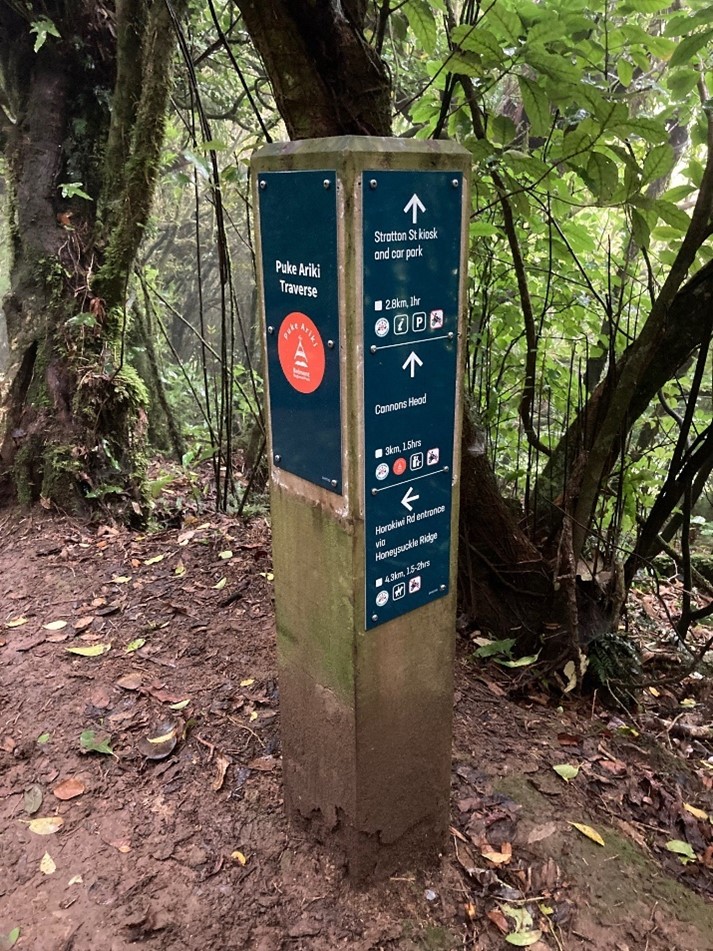 A bollard marking the Puke Ariki Traverse