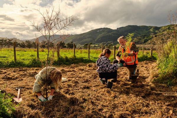 A ranger and two children planting saplings at Queen Elizabeth Park during a planting day