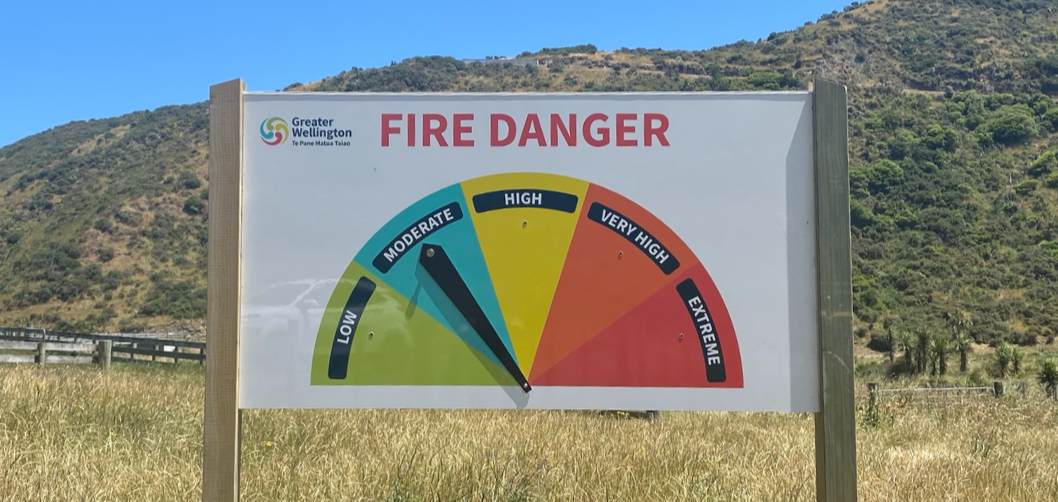 Fire danger sign in East Harbour Regional Park with the hand pointing to moderate