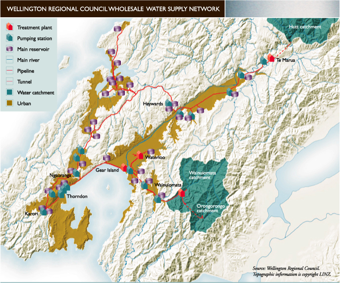 Map of the Wellington Regional Council wholesale water supply network