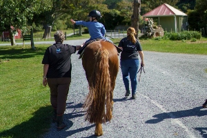 A child sits on a horse, led down a road by an instructor