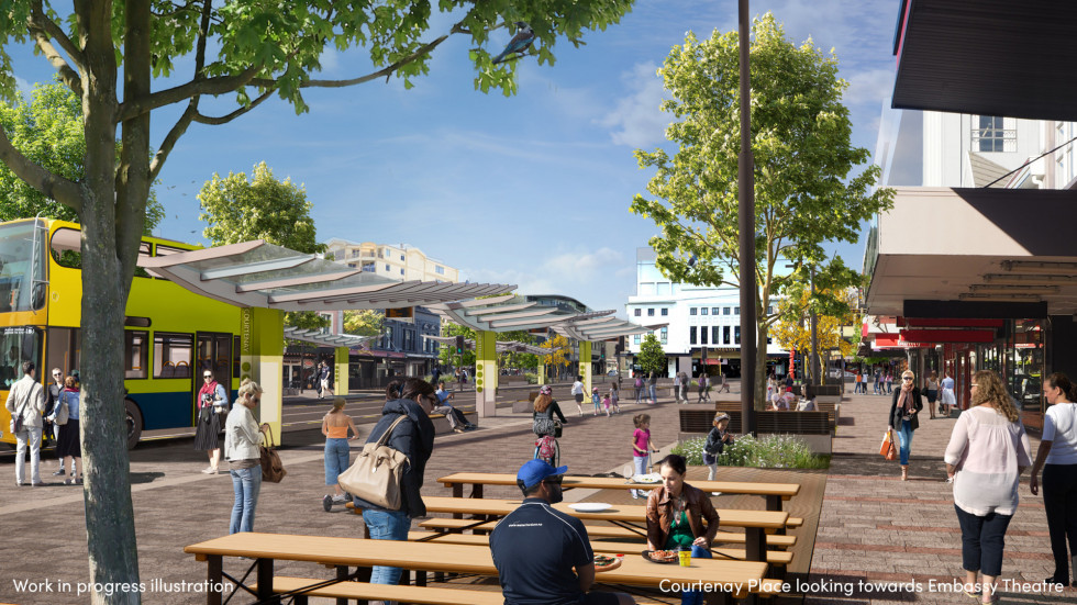 Work in progress illustration of Courtenay Place looking towards Embassy Theatre