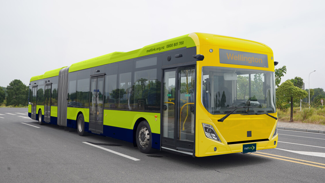 A Geely EAV of the type of articulated bus being procured, with Metlink livery digitally added. 