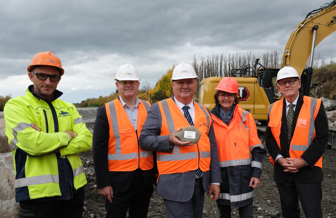From left, South Wairarapa councillor Aaron Woodcock, Greater Wellington chair Daran Ponter, Regional Development Minister Shane Jones, Greater Wellington deputy chair Adrienne Staples, South Wairarapa mayor Martin Connelly