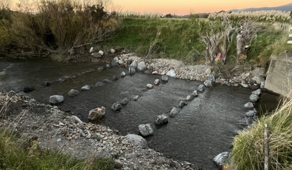 Whangaehū / Pāharakeke Stream with its fish ramp - large, deeply embedded ridge rocks that emulate natural steps