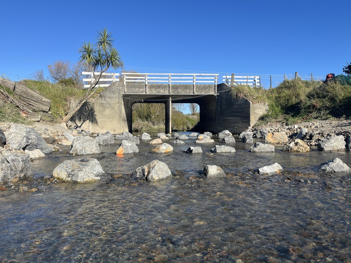Whangaehū / Pāharakeke Stream with its fish ramp - large, deeply embedded ridge rocks that emulate natural steps