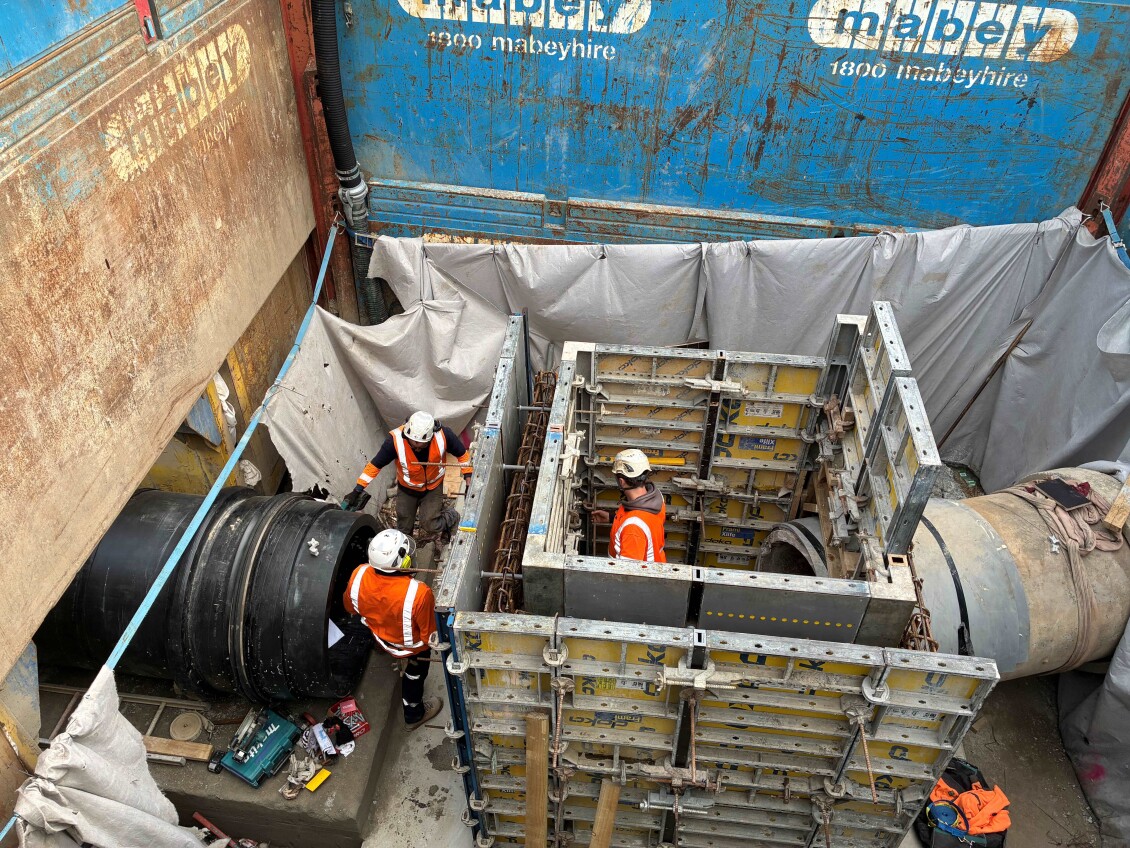 Engineers work to connect new high-density polyethylene piping in Hutt City