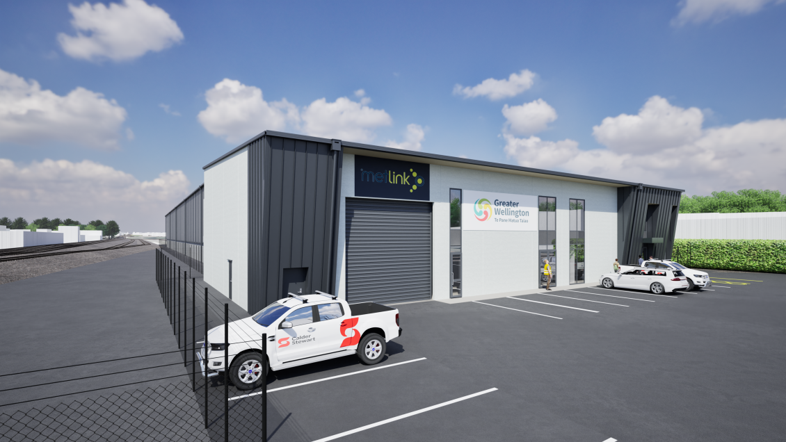 Render of a Greater Wellington and Metlink branded building