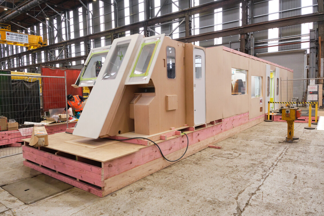 The outside of the mock-up of a Tūhono train