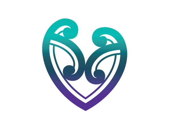 Ngākau (heart) design with a cyan-navy-purple gradient