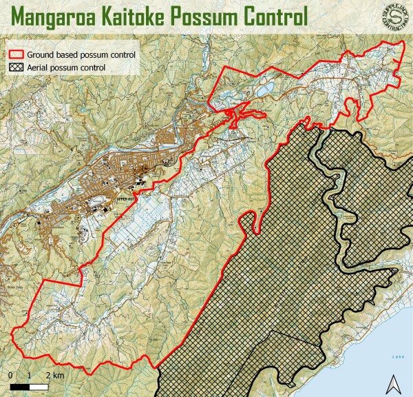 Map showing where ground-based and aerial possum control is taking place in Mangaroa Kaitoke