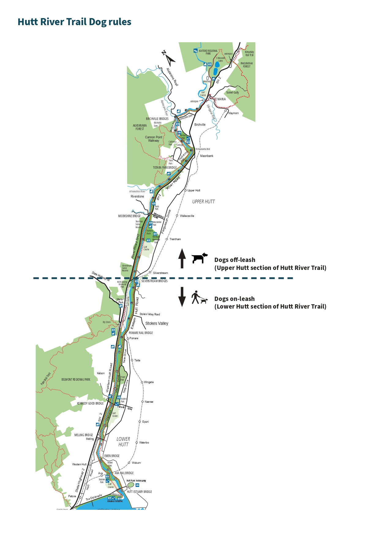 Map showing where dogs are and aren't allowed on the Hutt River Trail