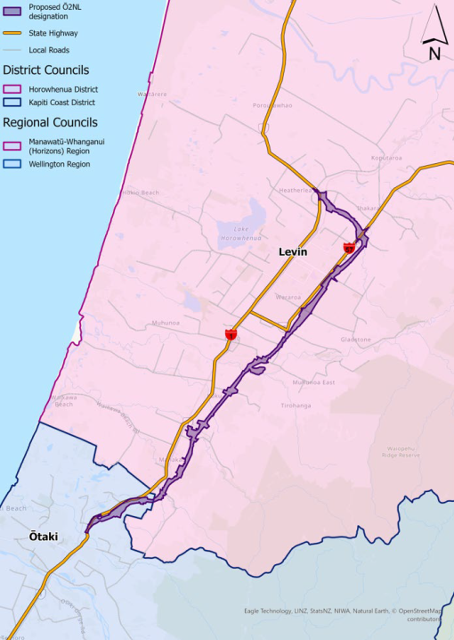 Map of the Ōtaki and Levin area showing the proposed O2NL designation