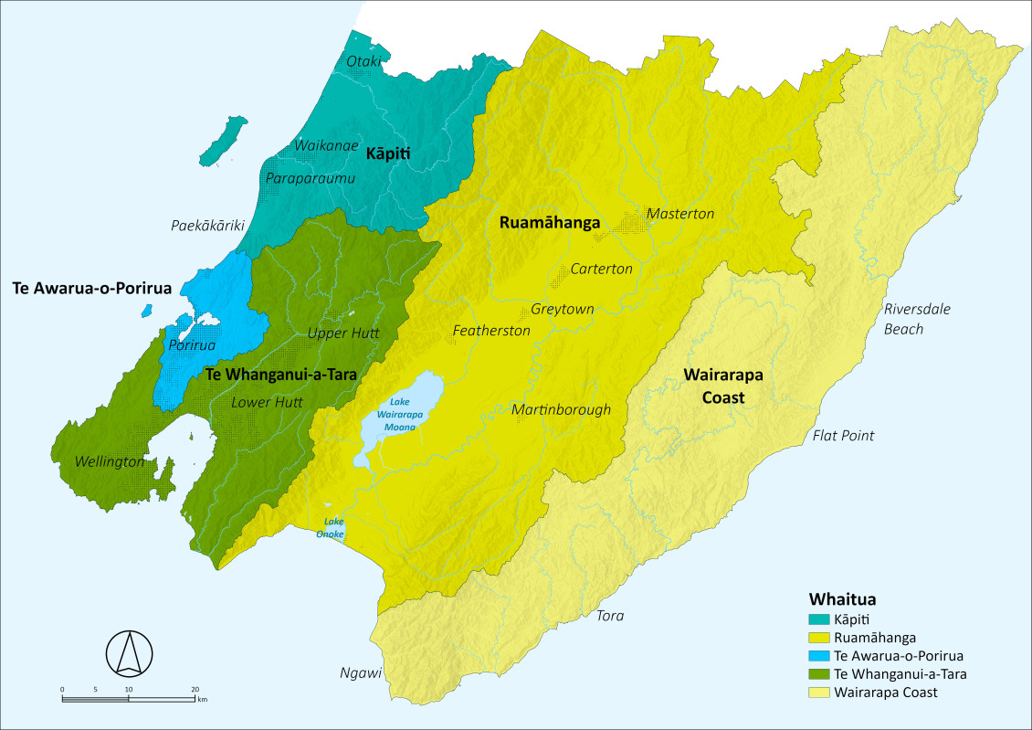 Map showing the five whaitua: Kāpiti, Ruamāhanga, Te Awarua-o-Porirua, Te Whanganui-a-Tara, and Wairarapa Coast